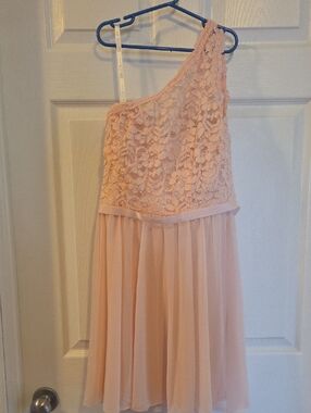 David's Bridal One-Shoulder Lace & Chiffon Dress in Light Peach